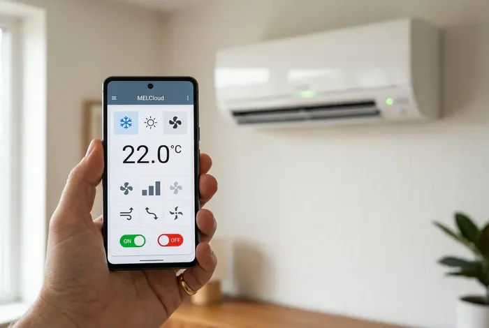 MELCloud Mode d'emploi : Guide Installation & Appairage - MELCloud : Le Guide Ultime en 3 Étapes Faciles (2026) - Problème de Connexion MELCloud ? La Solution Facile ! Application MELCloud Mitsubishi Electric sur écran de smartphone