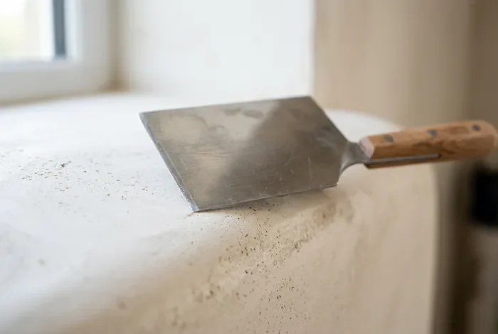 Crépi à la chaux intérieur : Guide & Prix 2026 - Crépi à la chaux intérieur : Le Guide Ultime - Comment réussir son crépi à la chaux intérieur ? Gros plan macro sur la texture fine d'un crépi à la chaux et une truelle de finition