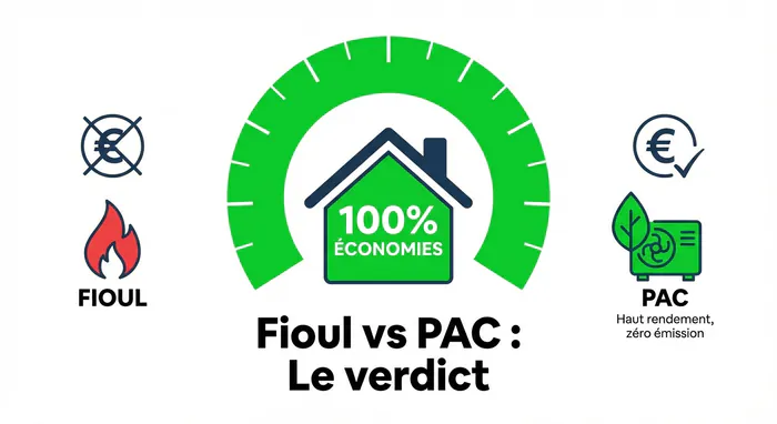 Remplacer fioul par PAC : Avis, prix et Guide 2026 - PAC : Gagnez 1600€/an ! Avis, prix et pièges 2026 - Fioul ou PAC ? Avis sur la rentabilité et les prix Infographie économies pompe à chaleur vs fioul
