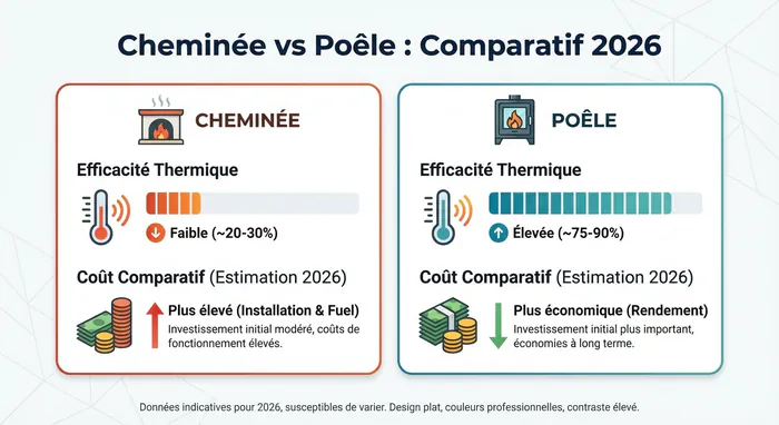 Remplacer une cheminée par un poêle : prix et guide 2026 - Changer de cheminée : Prix 2026 et 2 500 € d'aides - Prix : Quel budget pour remplacer sa cheminée en 2026 ? Infographie comparative entre cheminée et poêle : prix 2026 et rendement.